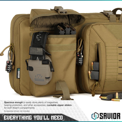 Everything You'll Need - Spacious enough to easily store magazines, hearing protection, and other accessories. Lockable zipper sliders for both firearm compartments. Accessories shown not included.