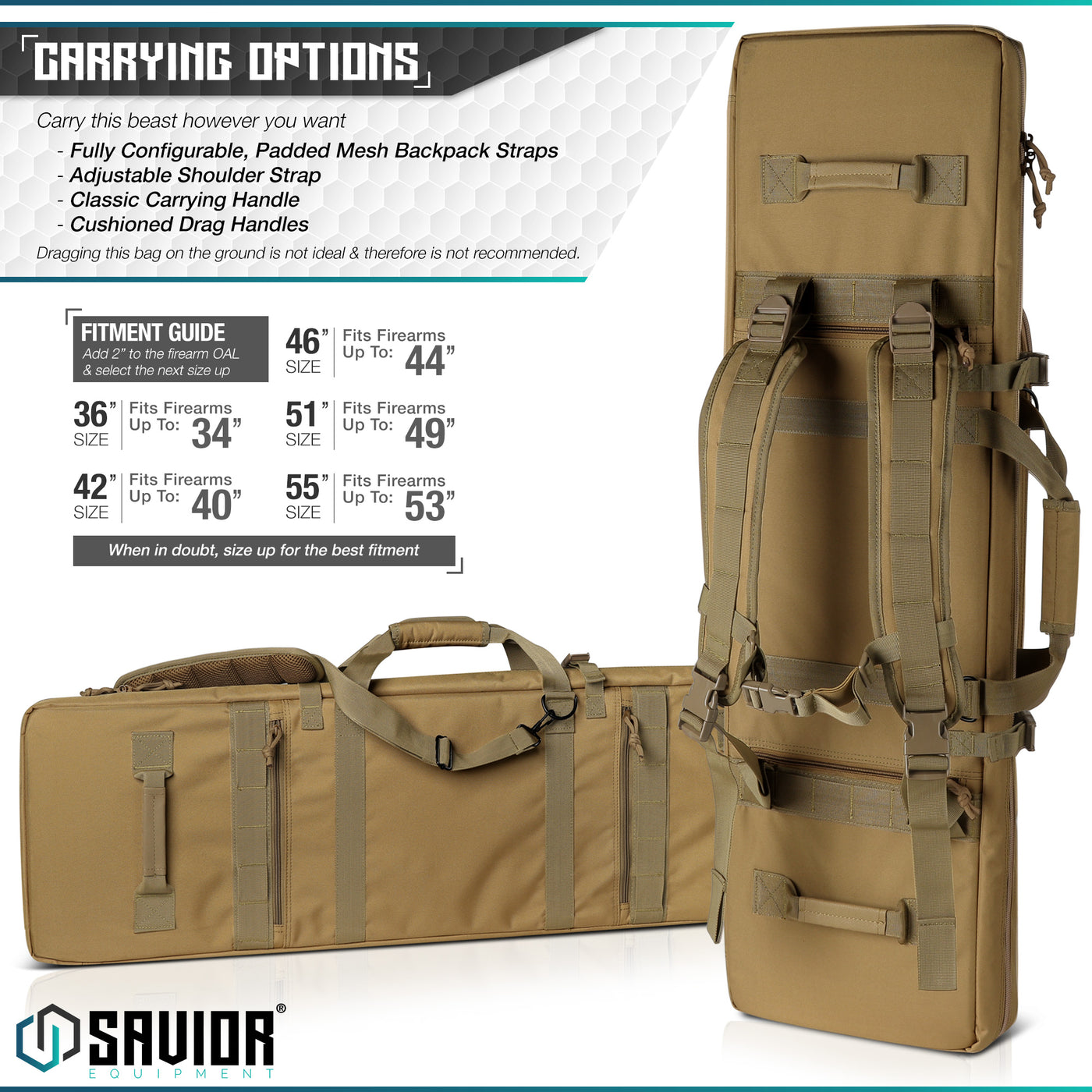 Carrying Options - Caarry this beast however you want. Fully configurable, padded mesh backpack straps. Adjustable shoulder strap. Classic carrying handle. Cushioned drag handles. Dragging this bag on the ground is not ideal and there is not recommended.