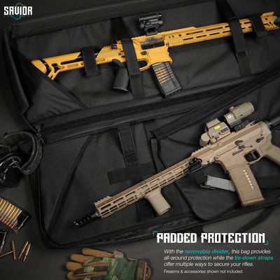 Padded Protection - With the removable divider, this bag provides all-around protection while the tie-down straps offer multiple ways to secure your rifles. Firearms & accessories shown not included.#color_obsidian-black