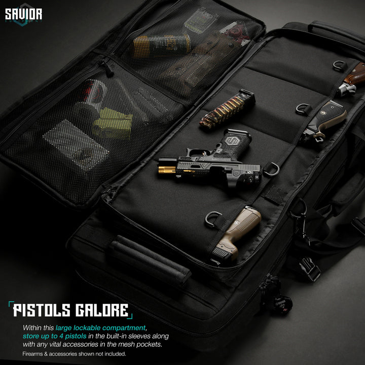 Pistol Galore - Within this large lockable compartment, store up to 4 pistols in the built-in sleeves along with any vital accessories in the mesh pockets. Firearms & accessories shown not included.#color_obsidian-black