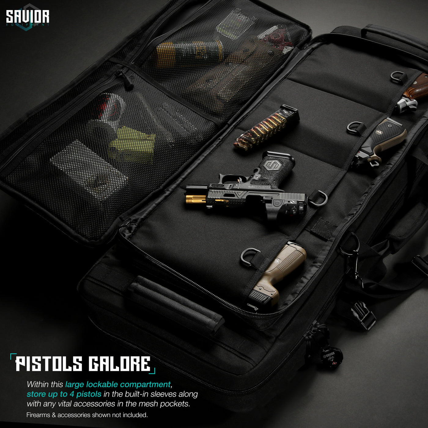 Pistol Galore - Within this large lockable compartmen, store up to 4 pistols in the built-in sleeves along with any vital accessories in the mesh pockets. Firearms & accessories shown not included.