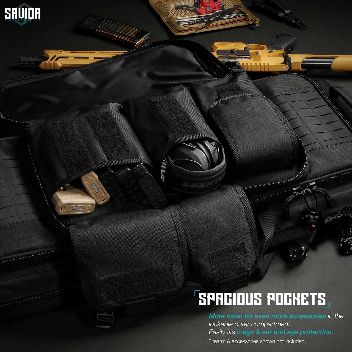 Spacious Pockets - More room for even more accessories in the lockable outer compartment. Easily fits mags, ear & eye protection. Firearms & accessories shown not included.#color_obsidian-black