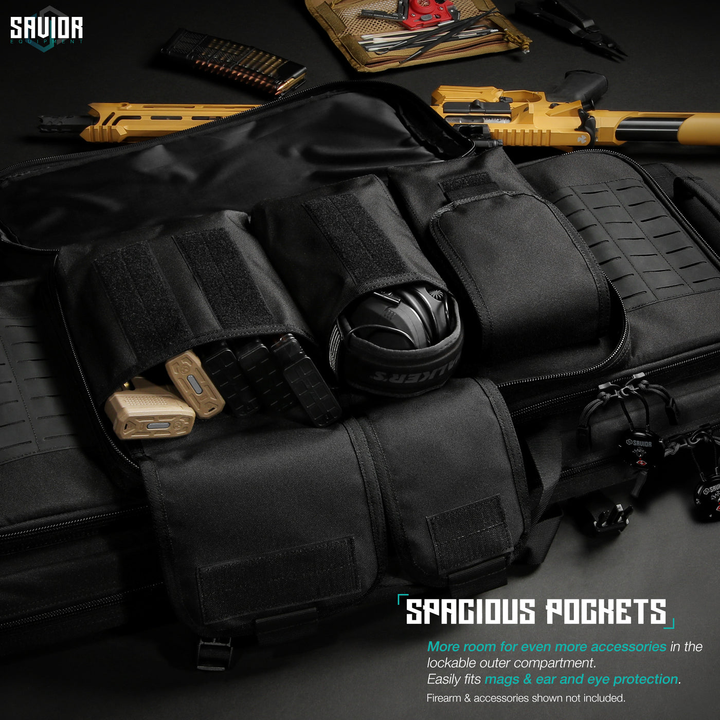 Spacious Pockets - More room for even more accessories in the lockable outer compartment. Easily fits magg, ear & eye protection. Firearms & accessories shown not included.