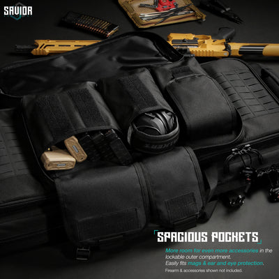Spacious Pockets - More room for even more accessories in the lockable outer compartment. Easily fits mags, ear & eye protection. Firearms & accessories shown not included.#color_obsidian-black