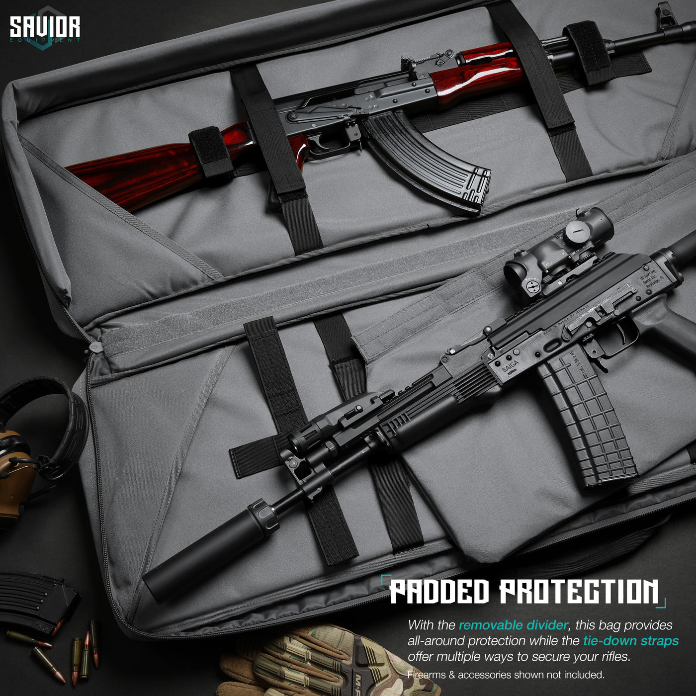 Padded Protection - With the removable divider, this bag provides all-around protection while the tie-down straps offer multiple ways to secure your rifles. Firearms & accessories shown not included.#color_sw-gray