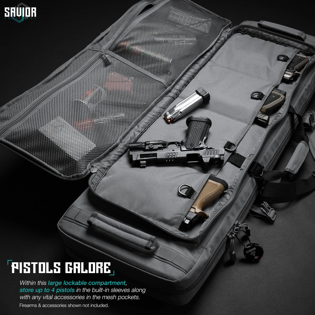 Pistol Galore - Within this large lockable compartment, store up to 4 pistols in the built-in sleeves along with any vital accessories in the mesh pockets. Firearms & accessories shown not included.#color_sw-gray