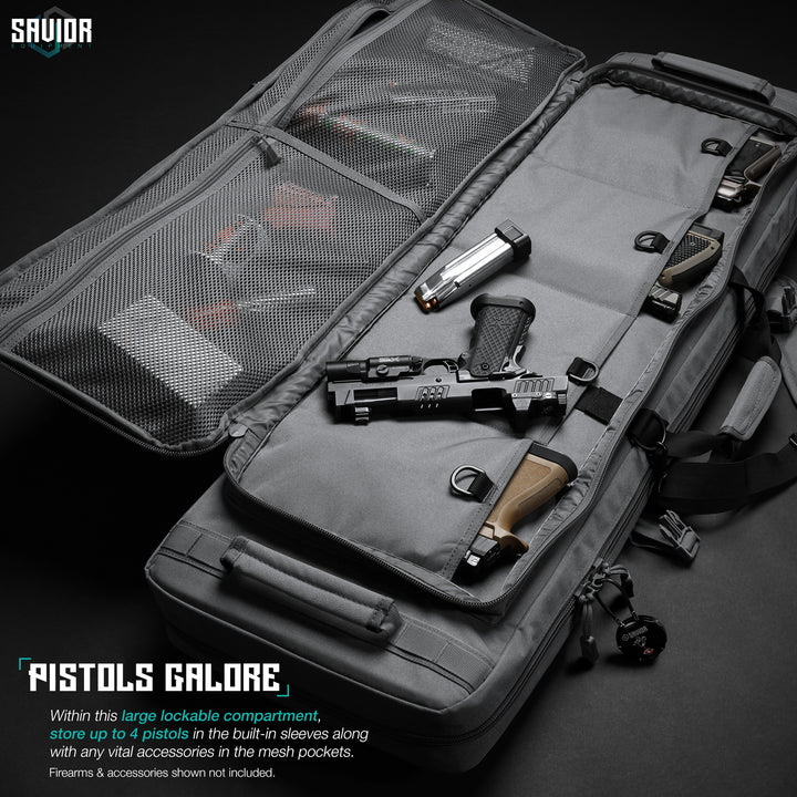 Pistol Galore - Within this large lockable compartment, store up to 4 pistols in the built-in sleeves along with any vital accessories in the mesh pockets. Firearms & accessories shown not included.#color_sw-gray