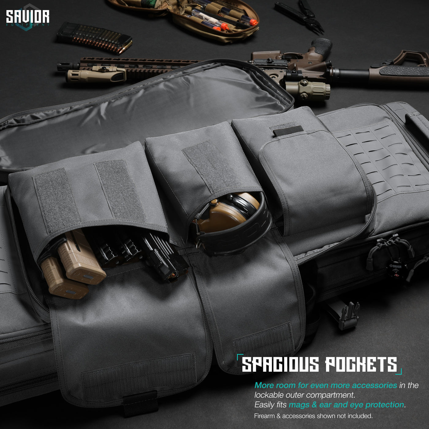 Spacious Pockets - More room for even more accessories in the lockable outer compartment. Easily fits mags, ear & eye protection. Firearms & accessories shown not included.#color_sw-gray