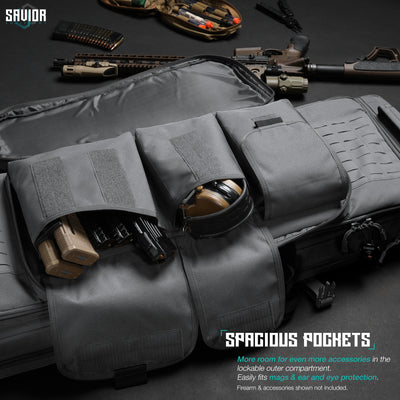 Spacious Pockets - More room for even more accessories in the lockable outer compartment. Easily fits mags, ear & eye protection. Firearms & accessories shown not included.#color_sw-gray