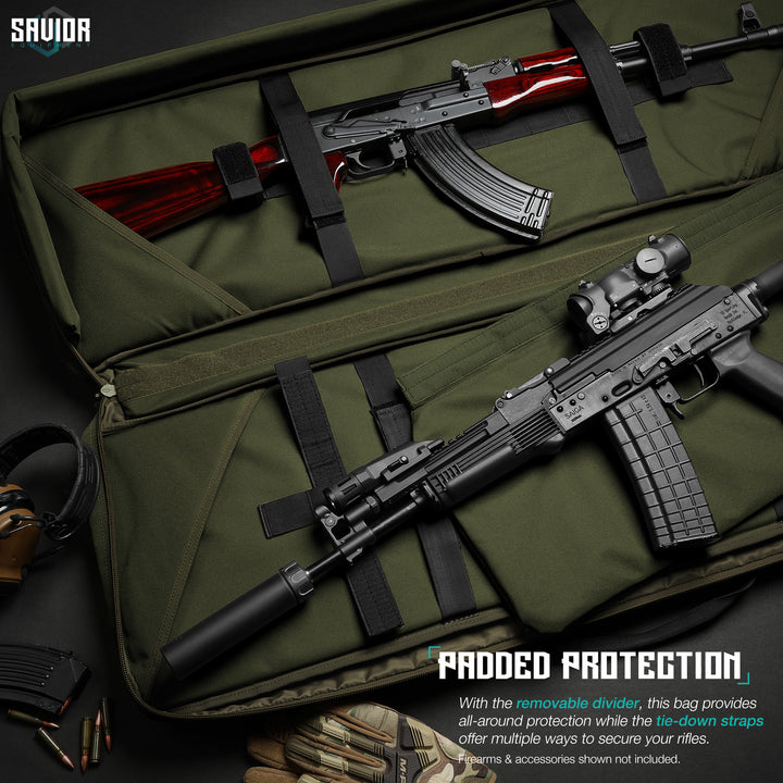 Padded Protection - With the removable divider, this bag provides all-around protection while the tie-down straps offer multiple ways to secure your rifles. Firearms & accessories shown not included.#color_od-green