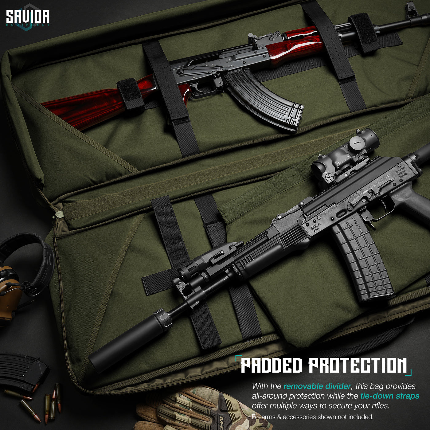 Padded Protection - With the removable divider, this bag provides all-around protection while the tie-down straps offer multiple ways to secure your rifles. Firearms & accessories shown not included.#color_od-green