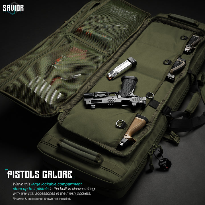 Pistol Galore - Within this large lockable compartment, store up to 4 pistols in the built-in sleeves along with any vital accessories in the mesh pockets. Firearms & accessories shown not included.#color_od-green