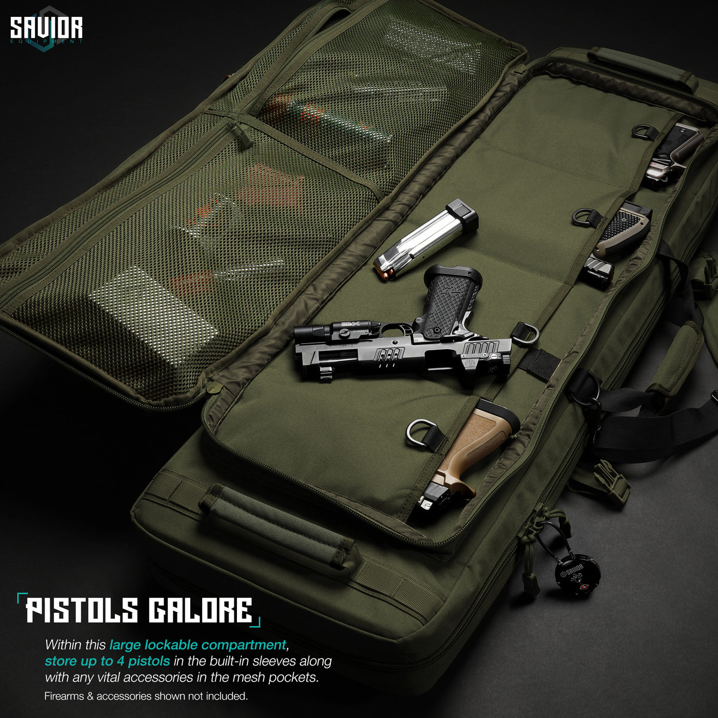 Pistol Galore - Within this large lockable compartment, store up to 4 pistols in the built-in sleeves along with any vital accessories in the mesh pockets. Firearms & accessories shown not included.#color_od-green