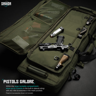 Pistol Galore - Within this large lockable compartmen, store up to 4 pistols in the built-in sleeves along with any vital accessories in the mesh pockets. Firearms & accessories shown not included.