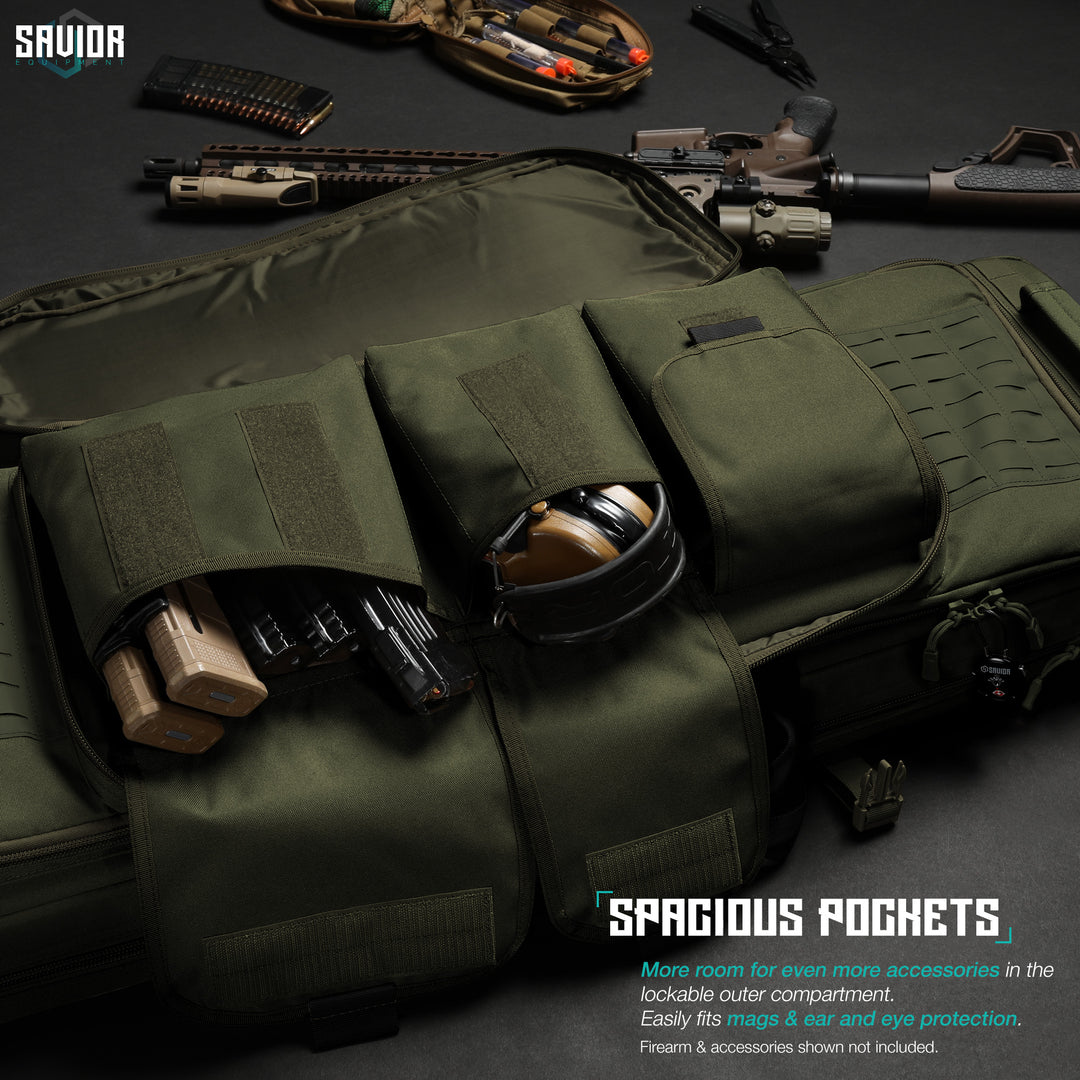 Spacious Pockets - More room for even more accessories in the lockable outer compartment. Easily fits mags, ear & eye protection. Firearms & accessories shown not included.#color_od-green