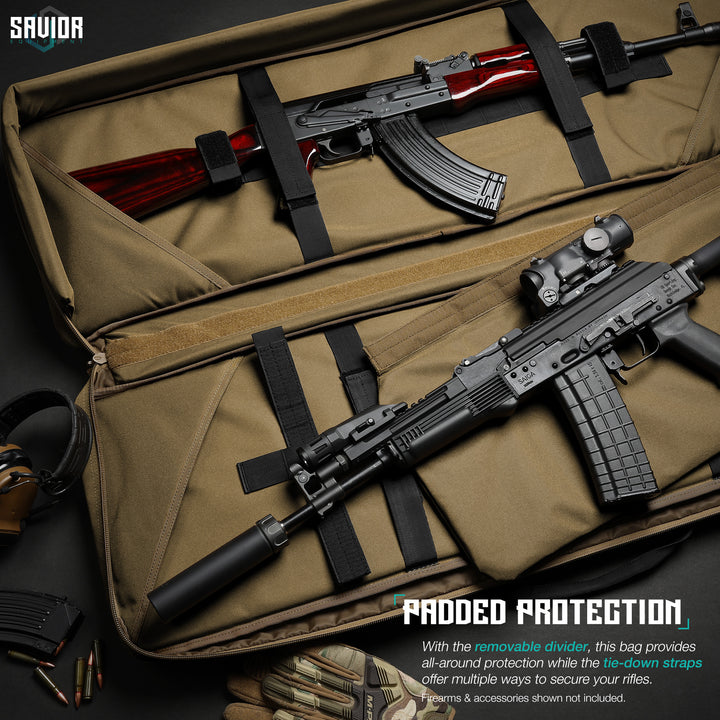Padded Protection - With the removable divider, this bag provides all-around protection while the tie-down straps offer multiple ways to secure your rifles. Firearms & accessories shown not included.#color_dark-fde