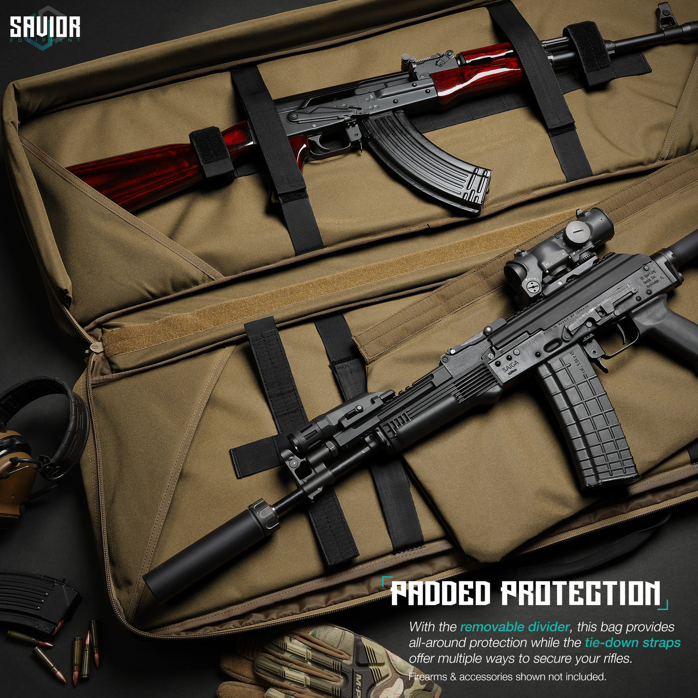 Padded Protection - With the removable divider, this bag provides all-around protection while the tie-down straps offer multiple ways to secure your rifles. Firearms & accessories shown not included.