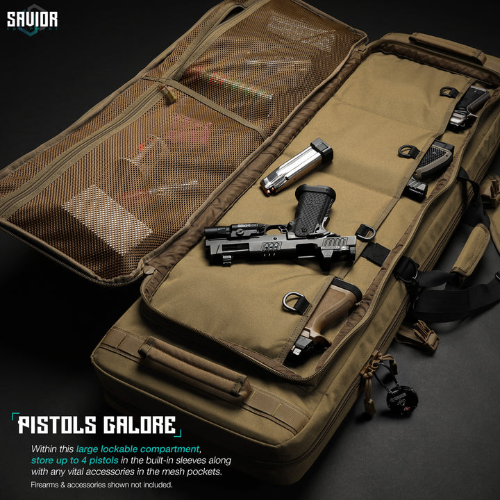 Pistol Galore - Within this large lockable compartment, store up to 4 pistols in the built-in sleeves along with any vital accessories in the mesh pockets. Firearms & accessories shown not included.#color_dark-fde