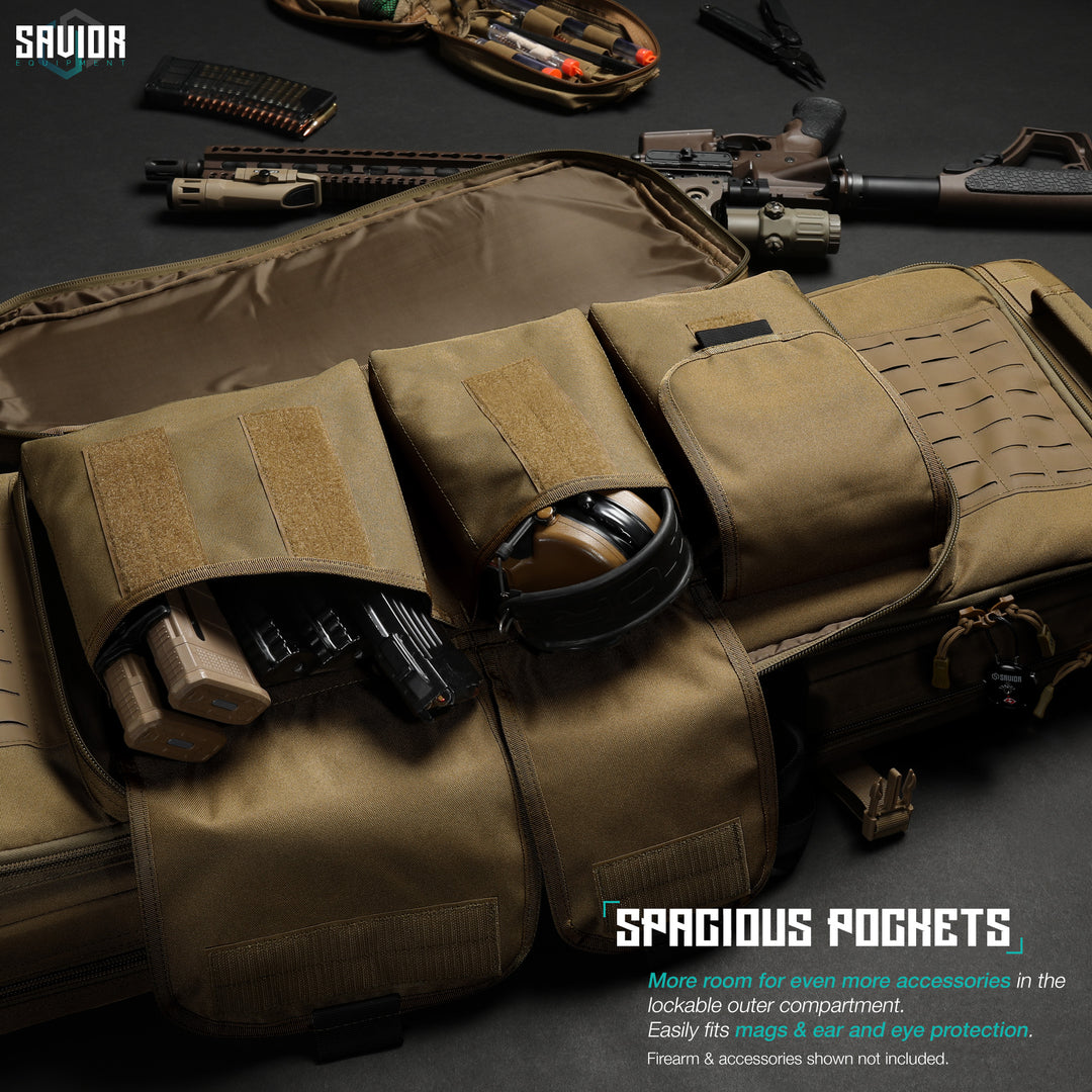 Spacious Pockets - More room for even more accessories in the lockable outer compartment. Easily fits mags, ear & eye protection. Firearms & accessories shown not included.#color_dark-fde