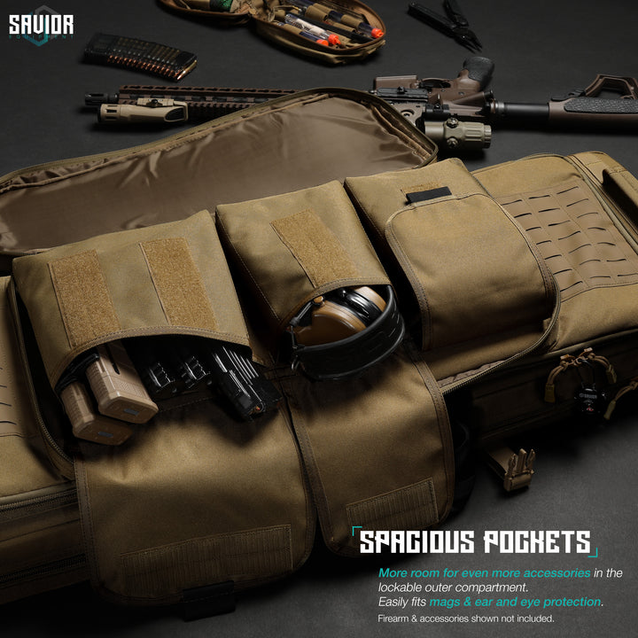 Spacious Pockets - More room for even more accessories in the lockable outer compartment. Easily fits mags, ear & eye protection. Firearms & accessories shown not included.#color_dark-fde