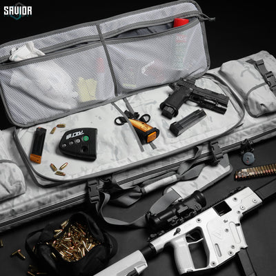 Dual Pistol Pockets - Large padded sleeves with hook & loop fastener strips. Store any additional accessories in the upgraded mesh pockets. Firearm & accessories shown not included.#color_multicam-alpine