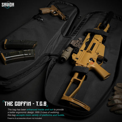 The Coffin - T.G.B - This bag has been enhanced inside and out to provide a better ergonomic design. With 3 rows of webbing, this bag accepts more variety of platforms and builds. Firearms & accessories shown not included.
