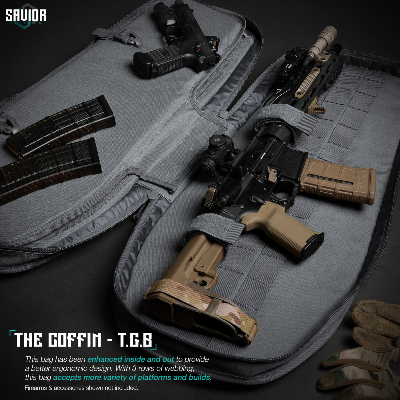 The Coffin - T.G.B - This bag has been enhanced inside and out to provide a better ergonomic design. With 3 rows of webbing, this bag accepts more variety of platforms and builds. Firearms & accessories shown not included.