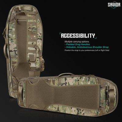 Accessibility - Multiple carrying options. Hideable, ambidextrous shoulder straps. Padded drag handles. Position the strap to your preferences (left or right side) Fitment Guide Add 2" to the firearm OAL & select the next size up. 30" fits firearms up to 28". 34" fits firearms up to 32". When in doubt, size up for the best fitment.