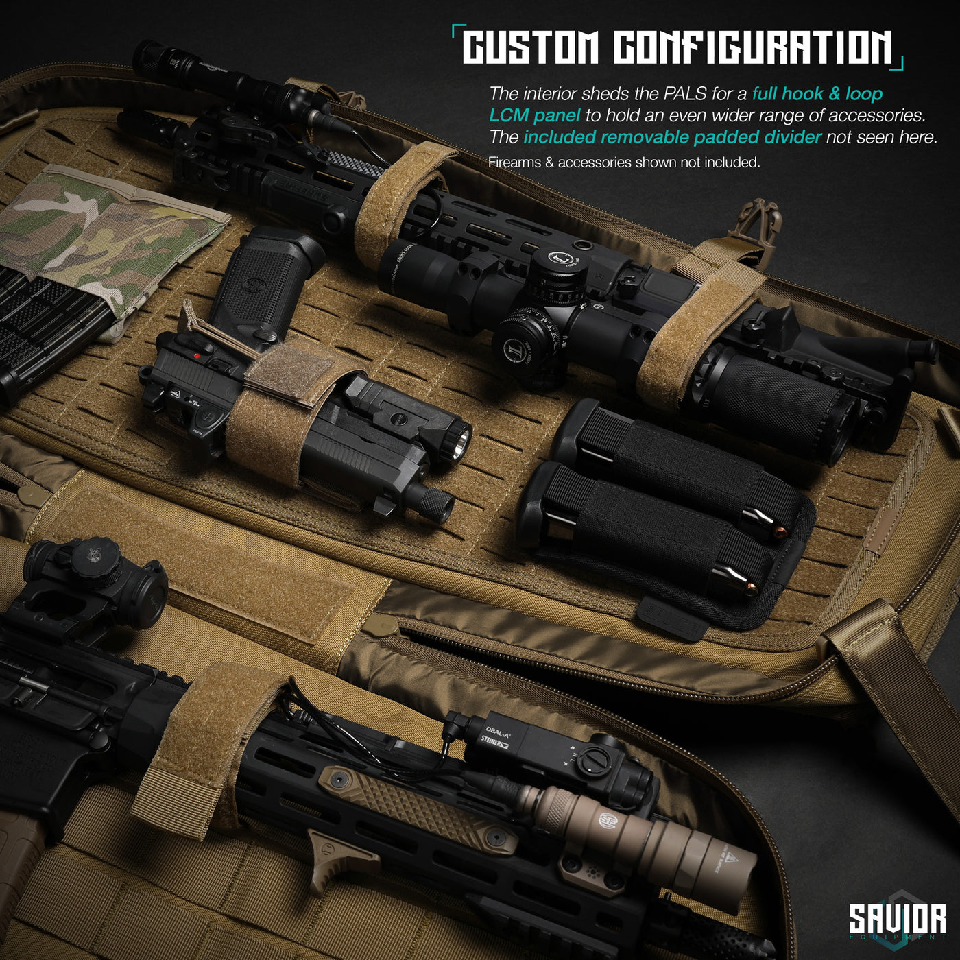 Custom Configuration - The interior sheds the PALS for a full hook & loop LCM panel to hold an even wider range of accessories. The included removable padded divider not seen here. Firearms & accessories shown not included.