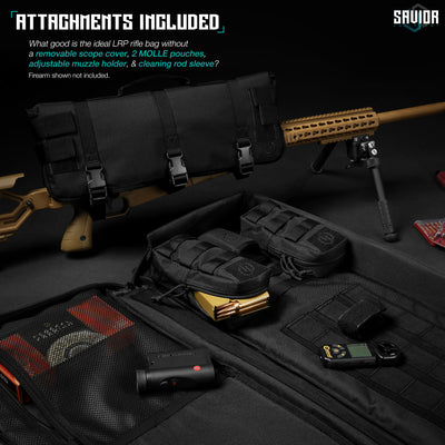 Attachments Included - What good is the ideal LRP rifle bag without a removable scope cover, 2 MOLLE pouches, adjustable muzzle holder, & cleaning rod sleeve? Firearms shown not included.