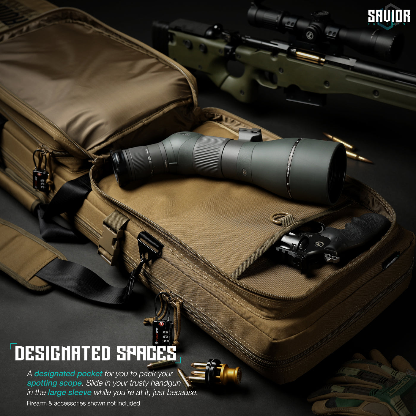 Designated Spaces - A designated pocket for you to pack your spotting scope. Slide in your trusty handgun in the large sleeve while you're at it, just because. Firearms & accessories shown not included.
