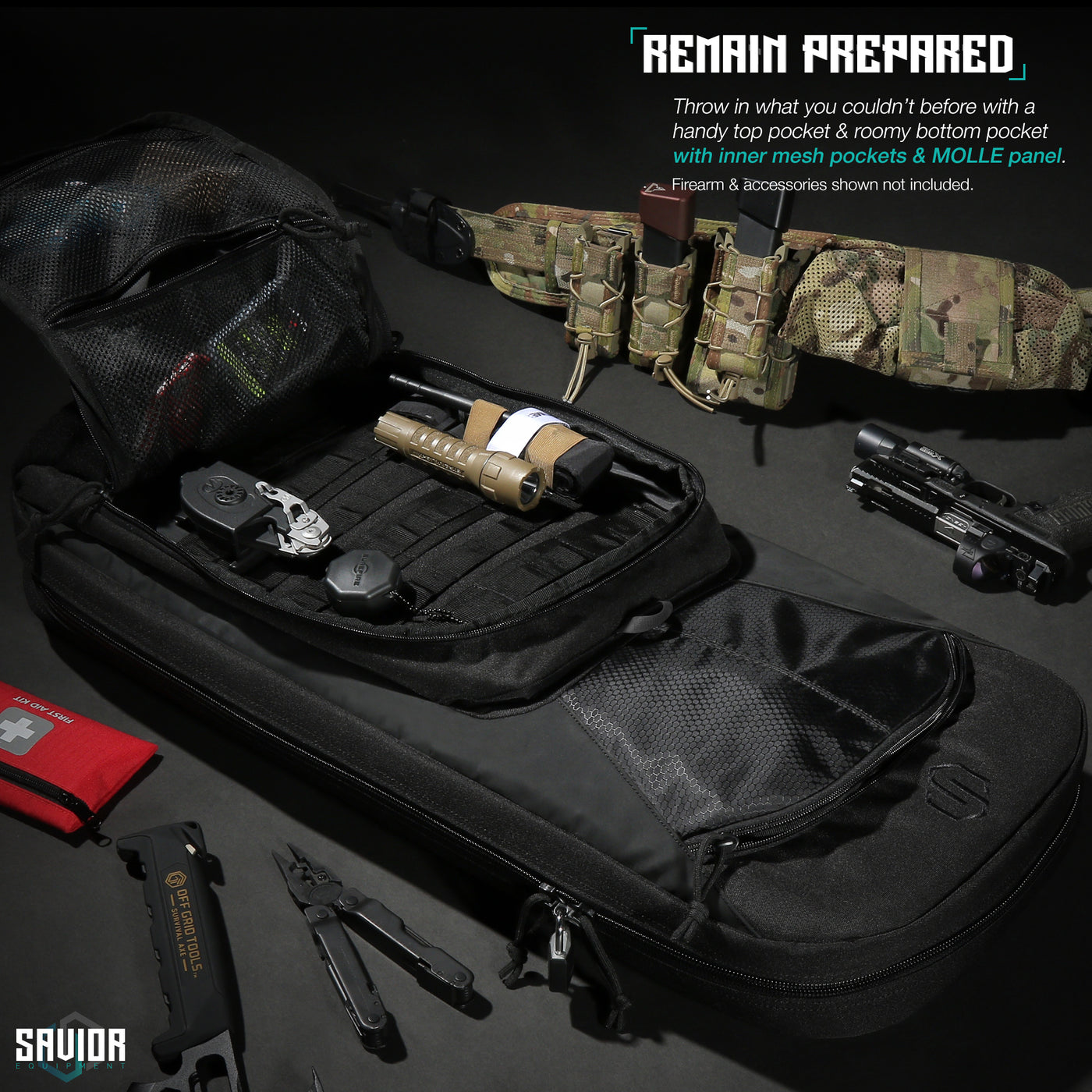 Remain Prepared - Throw in what you couldn't before with a handy top pocket & roomy bottom pocket with inner mesh pockets & molle panel. Firearms & accessories shown not included.