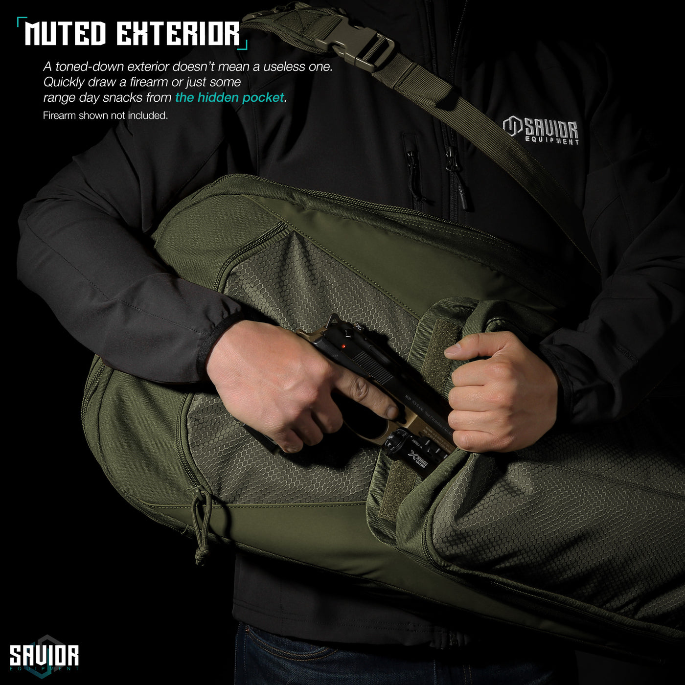 Muted Exterior - A toned-down exterior doesn't mean a useless one. Quickly draw a firearm or just some range day snacks from the hidden pocket. Firearms shown not included.