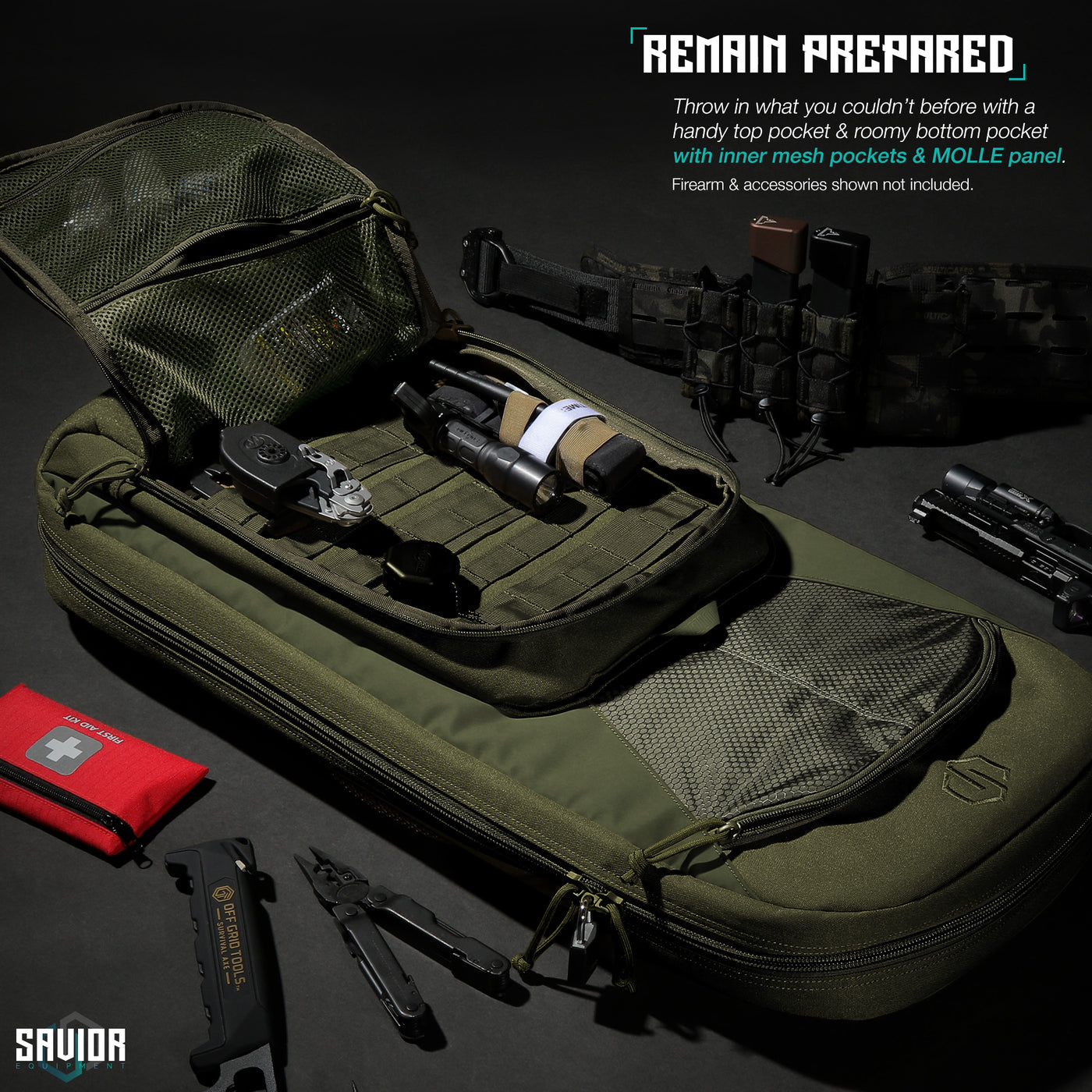 Remain Prepared - Throw in what you couldn't before with a handy top pocket & roomy bottom pocket with inner mesh pockets & molle panel. Firearms & accessories shown not included.