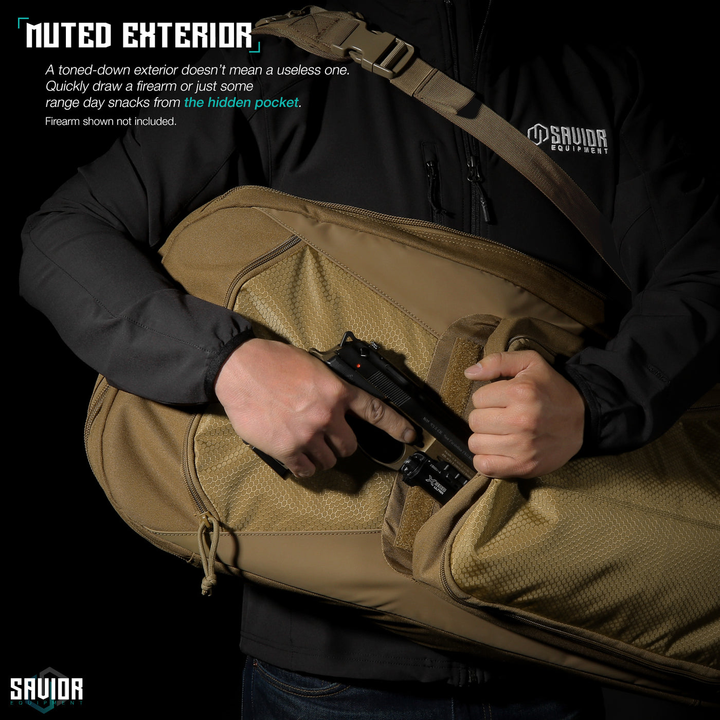 Muted Exterior - A toned-down exterior doesn't mean a useless one. Quickly draw a firearm or just some range day snacks from the hidden pocket. Firearms shown not included.