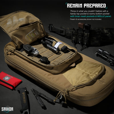 Remain Prepared - Throw in what you couldn't before with a handy top pocket & roomy bottom pocket with inner mesh pockets & molle panel. Firearms & accessories shown not included.