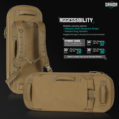 Accessibility - Multiple carrying options. Hideable mesh backpack straps. Padded drag handles. Dragging this bag on the ground is not recommended. Fitment Guide Add 2" to the firearm OAL & select the next size up. 30" fits firearms up to 28". 34" fits firearms up to 32". When in doubt, size up for the best fitment.