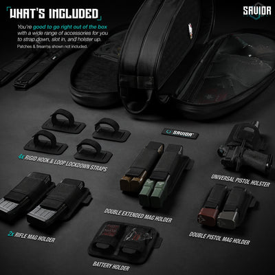What’s Included - You’re good to go right out of the box with a wide range of accessories for you to strap down, slot in, and holster up. Patches & firearms shown not included.#color_obsidian-black