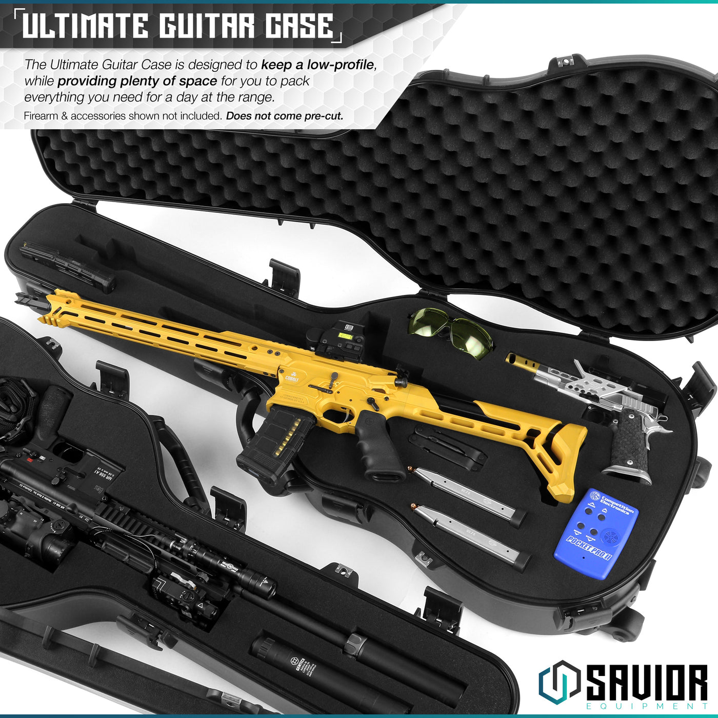 Ultimate Guitar Case - The ultimate guitar case is designed to keep a low-profile, while providing plenty of space for you to pack everything you need for a day at the range. Firearms & accessories shown not included. Does not come pre-cut.