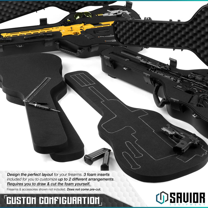 Custom Configuration - Designed the perfect layout for your firearms. 3 foam inserts included for you to customize up to 2 different arrangements. Requires you to draw & cut the foam yourself. Firearms & accessories shown not included. Does not come pre-cut.#color_obsidian-black