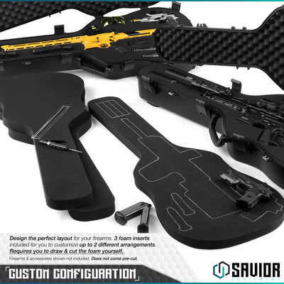 Custom Configuration - Designed the perfect layout for your firearms. 3 foam inserts included for you to customize up to 2 different arrangements. Requires you to draw & cut the foam yourself. Firearms & accessories shown not included. Does not come pre-cut.