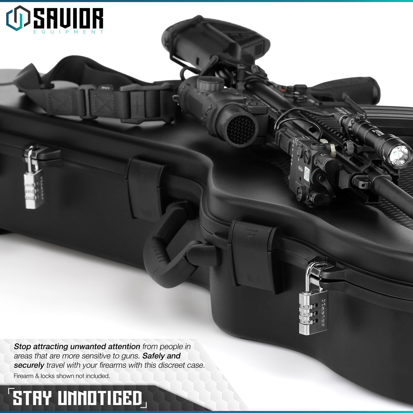 Stay Unnoticed - Stop attracting unwanted attention from people in the areas that are more sensitive to guns. Safely and securely travel with your firearms with this discreet case. Firearms & locks shown not included.#color_obsidian-black