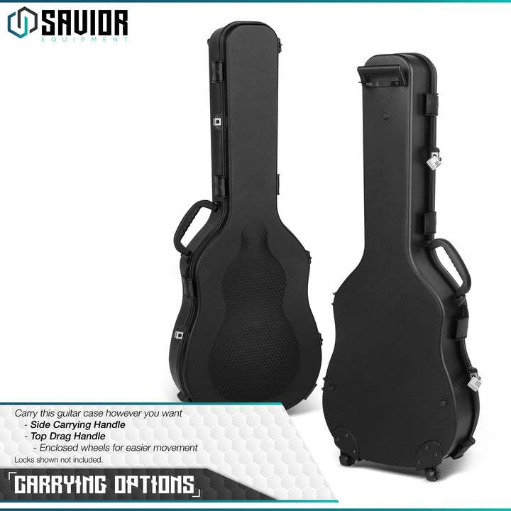 Multiple Carrying Options - You can carry our guitar case with side carrying handle or top drag handle with enclosed wheels for easier movement. Locks shown not included.#color_obsidian-black