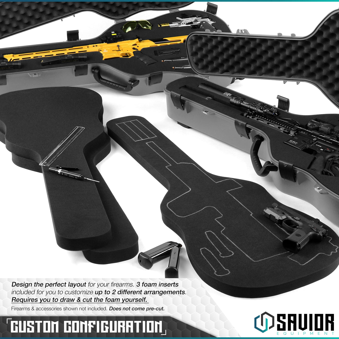 Custom Configuration - Designed the perfect layout for your firearms. 3 foam inserts included for you to customize up to 2 different arrangements. Requires you to draw & cut the foam yourself. Firearms & accessories shown not included. Does not come pre-cut.