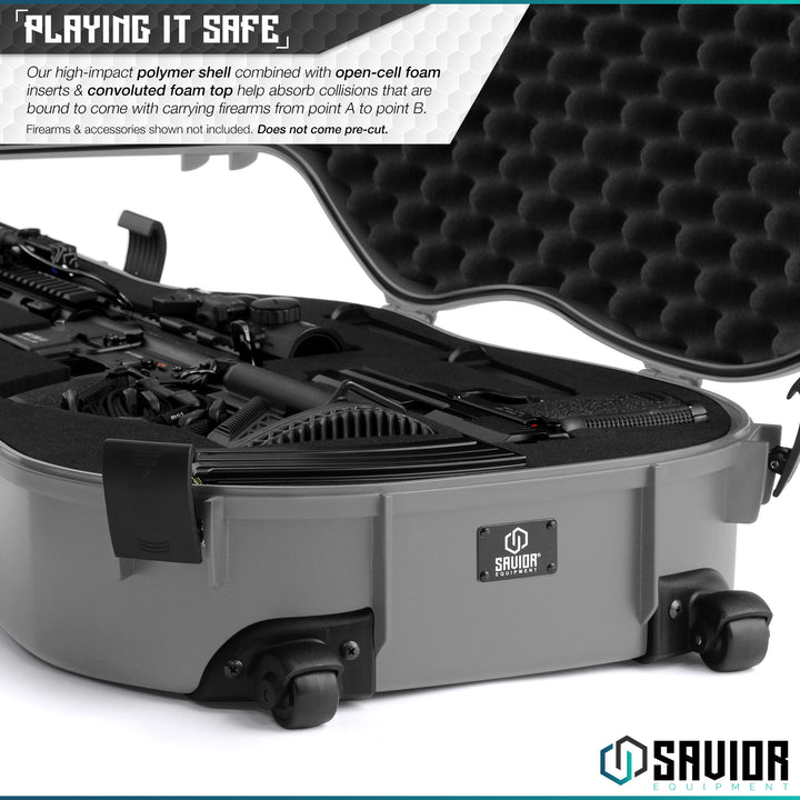 Playing-It Safe - Our high-impact polymer shell combined with open-cell foam inserts & convoluted foam top help absorb collisions that are bound to come with carrying firearms from point A to point B. Firearms & accessories shown not included. Does not come pre-cut.#color_sw-gray