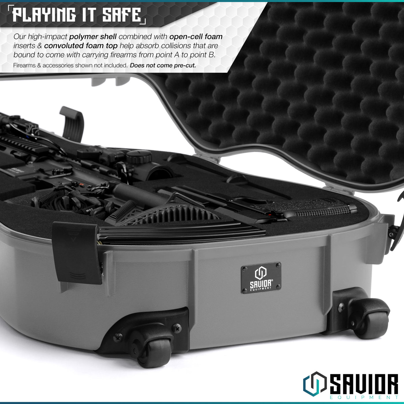 Playing-It Safe - Our high-impact polymer shell combined with open-cell foam inserts & convoluted foam top help absorb collisions that are bound to come with carrying firearms from point A to point B. Firearms & accessories shown not included. Does not come pre-cut.