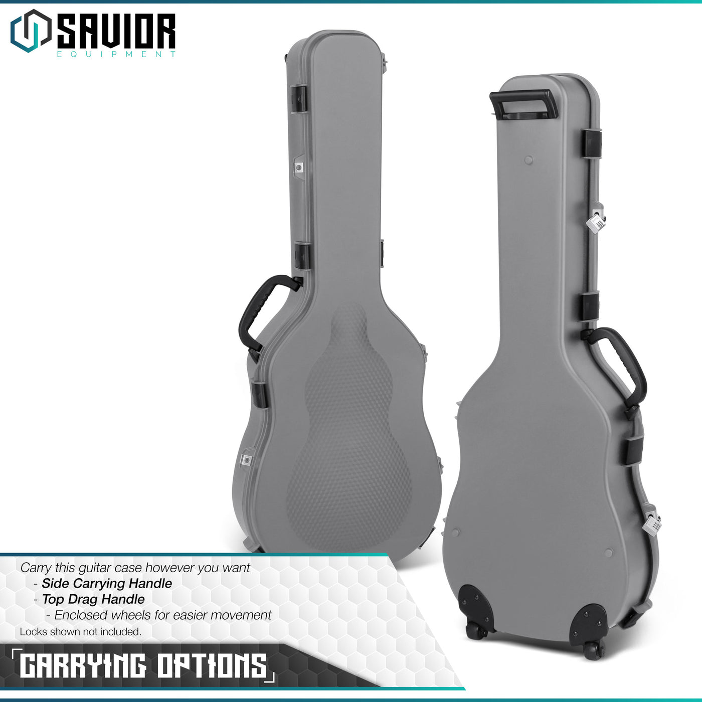 Multiple Carrying Options - You can carry our guitar case with side carrying handle or top drag handle with enclosed wheels for easier movement. Locks shown not included.