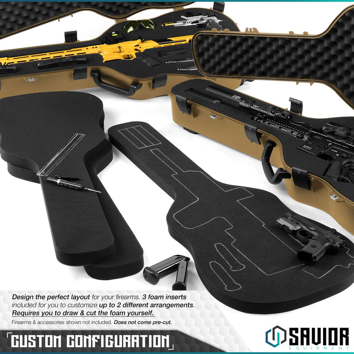 Custom Configuration - Designed the perfect layout for your firearms. 3 foam inserts included for you to customize up to 2 different arrangements. Requires you to draw & cut the foam yourself. Firearms & accessories shown not included. Does not come pre-cut.#color_ral-8000-tan