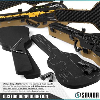 Custom Configuration - Designed the perfect layout for your firearms. 3 foam inserts included for you to customize up to 2 different arrangements. Requires you to draw & cut the foam yourself. Firearms & accessories shown not included. Does not come pre-cut.