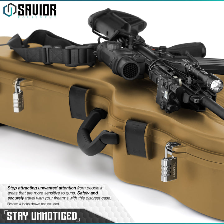 Stay Unnoticed - Stop Attracting Unwanted Attention From People in the Areas That Are More Sensitive to Guns. Safely and Securely Travel with Your Firearms with This Discreet Case. Firearms & locks shown not included#color_ral-8000-tan